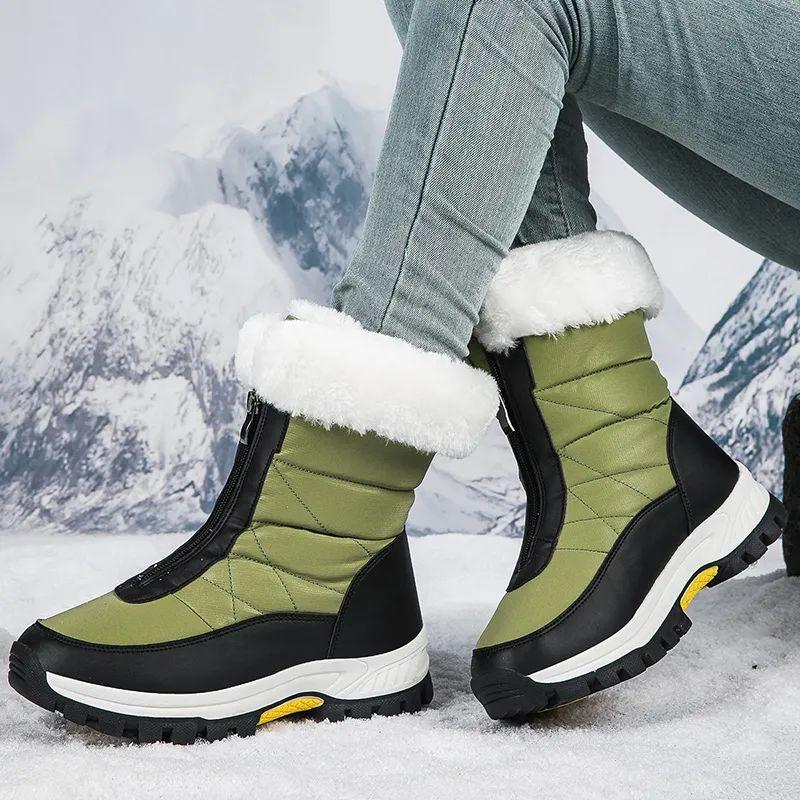 Damen Winter Fleecegefüttert Verdickt Kältebeständig Skistiefel mit Frontreißverschluss Mid-Calf Design