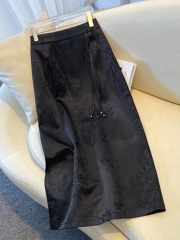 Summer 2025 High-Waist Chinese Style Embroidered A-Line Bodycon Midi Skirt for Women