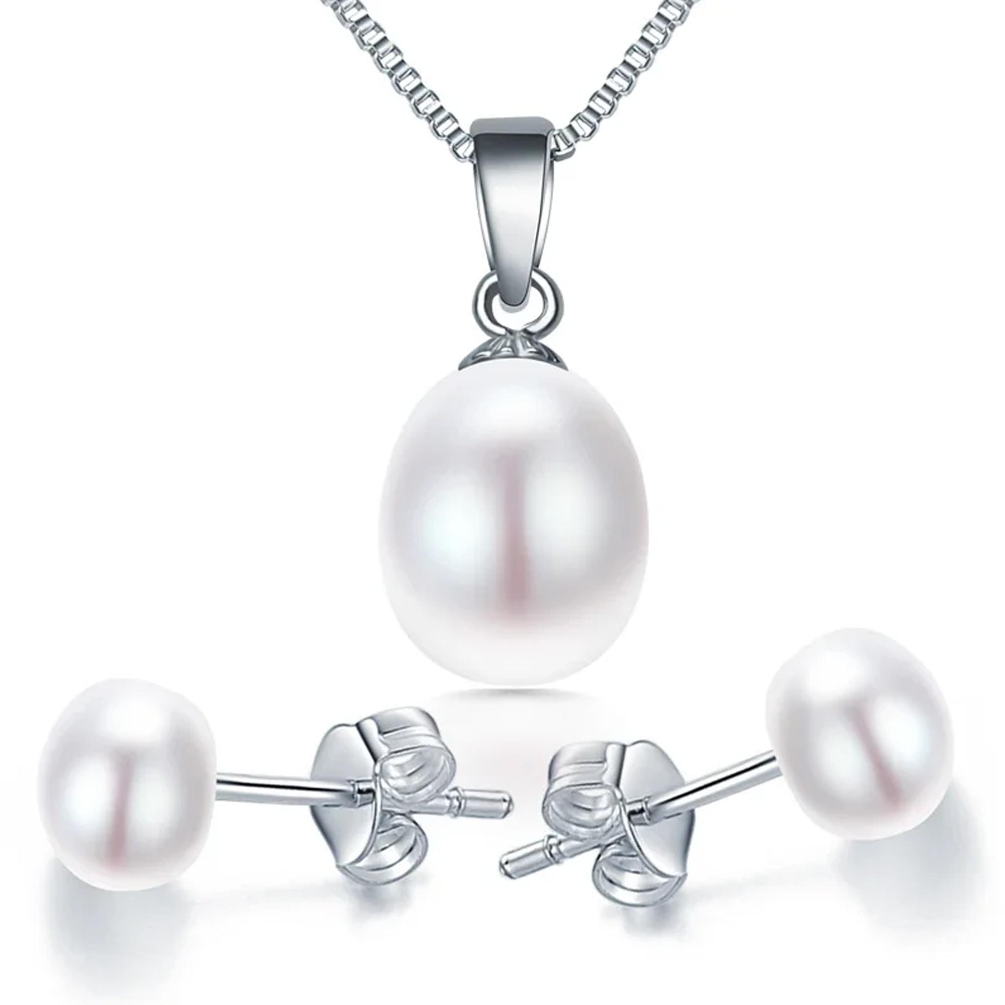 

Набор серебряных серег и подвески-ожерелья из стерлингового серебра 925 пробы 8-9 мм для женщин, для вечеринки, свадебный ювелирный набор, высококачественный пресноводный жемчуг белый