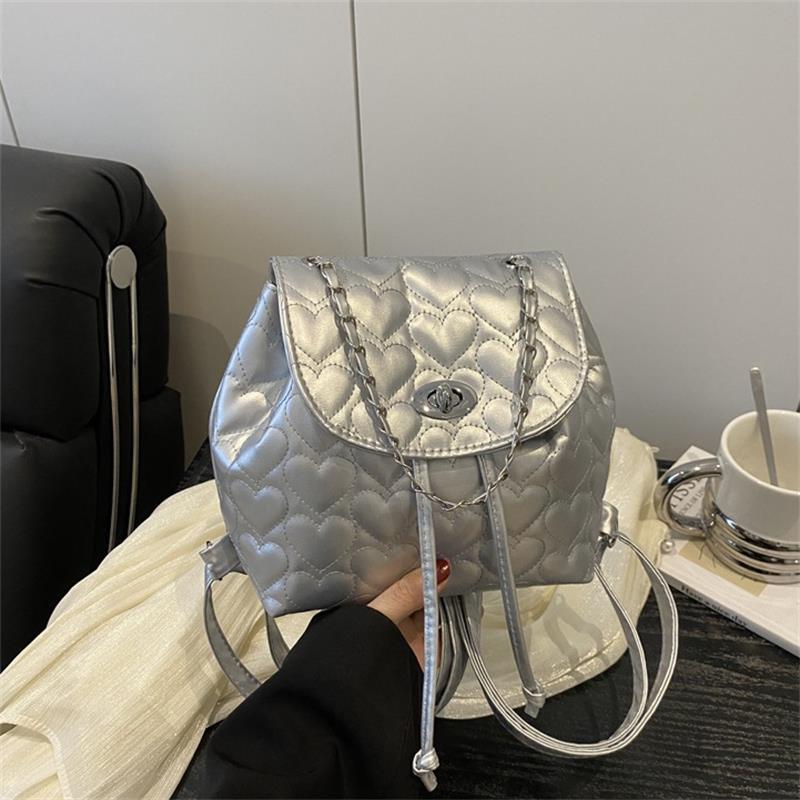 

College Style Love Print Pu Backpack Handbag Chain Shoulder Bag Sweet Simple Trendy Women Girly Heart Commuting Bag Gift серебряный