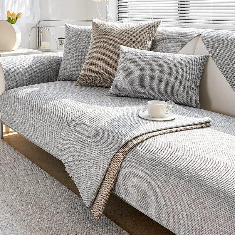 Jednobarevný cop Bavlna Len Potah na pohovku Pohovka Ve tvaru L Kombinace Nábytku Přehoz Protiskluzový Kryt Polštář Sedák Ručník na sedací soupravu