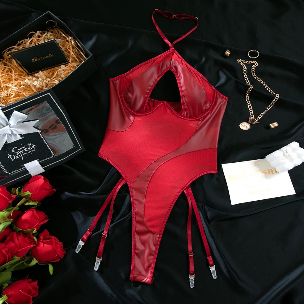 Olayna Sexy Mesh & PU Leather Halter Neck Peach Bodysuit