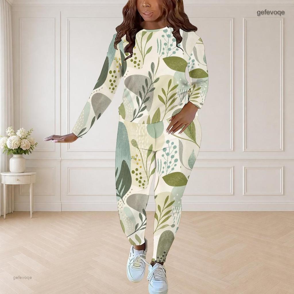 Women Plus Size Two Piece Pants Set Round Neck Long Sleeve Printed Top And Fitted Pants