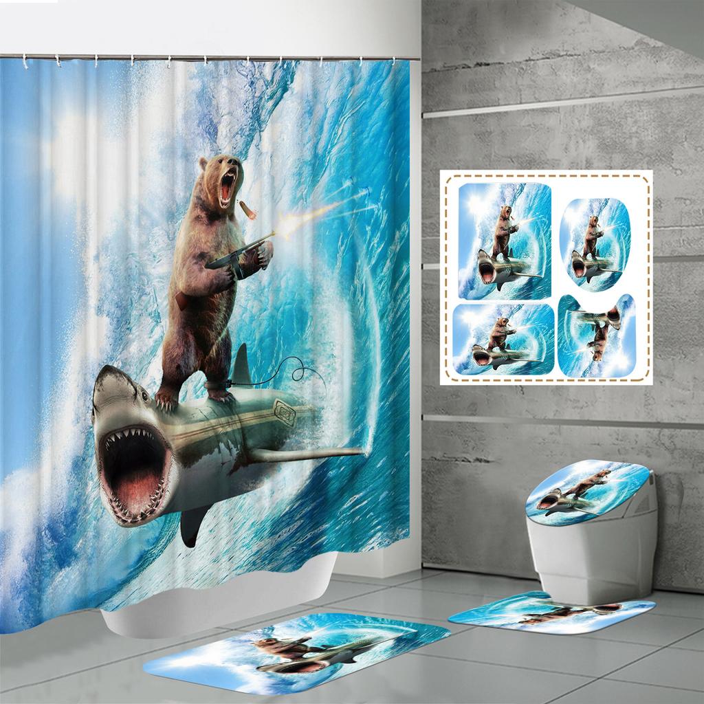 Shower Curtain Four-Piece 3D Digital Printing Shower Curtain Underwater Animal Bathroom Partition Shower Curtain