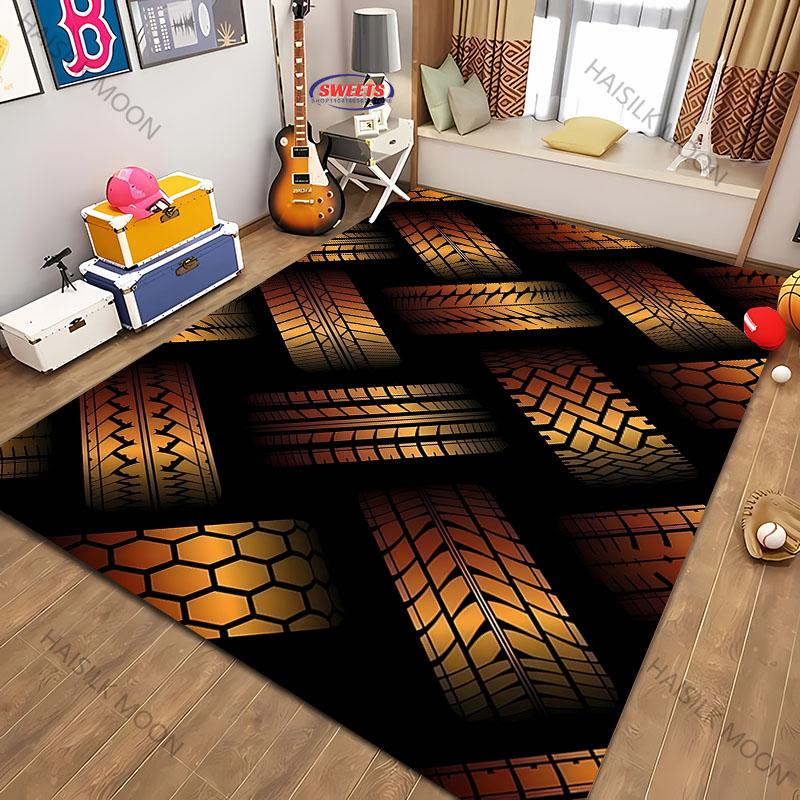 Black and Gold Tire Pattern Printed Carpet Suitable for Living Room Children's Room Bedroom Playroom Entryway Home Decor Floor