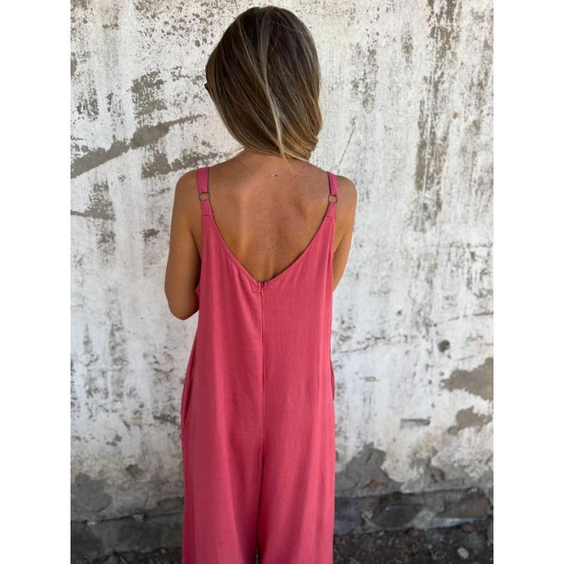 YYFS Damemote Uformell Sommer Vår Ensfarget trykk Ermeløs V-hals Løs midjebukser Jumpsuits og bukser