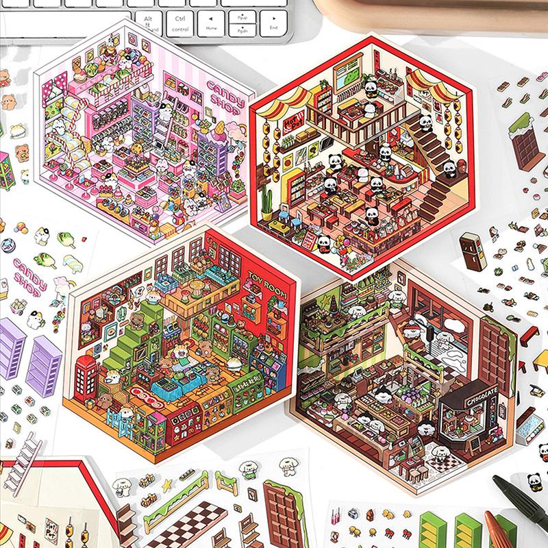 1Set Cartoon 3D Landscape Stickers Pocket Cabin Scene Stacking Pasting Stickers Diy Decoration Stickers Festival Birthday Gifts