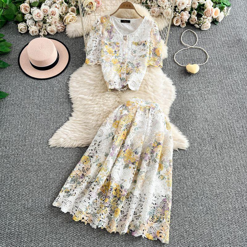 

French style High-Grade Lace Printing Elegant Single-Breasted round Neck Short sleeve Top Two-piece Set High Waist Slimming Skirt Yellow M