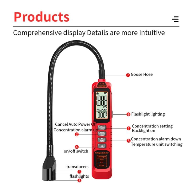 Halogen Leak Tester CFCs HCFCs Gas Tester with Light & Alarm Leak Detector 0-1000PPM AC Sniffer