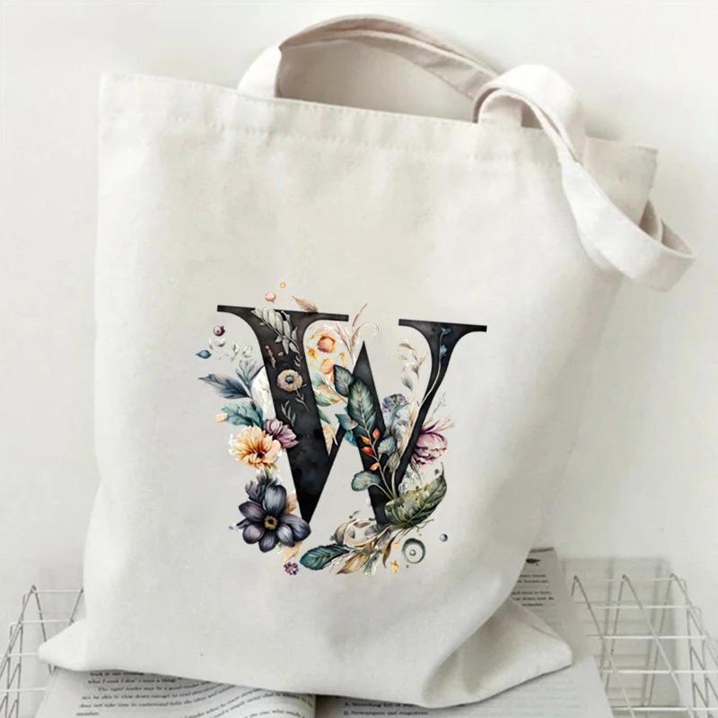 26 Letters Flower Tote Bag For Women Eco Reusable Shoulder Bagslarge Capacity Canvas Casual Harajuku Shopping Shopper Handbag