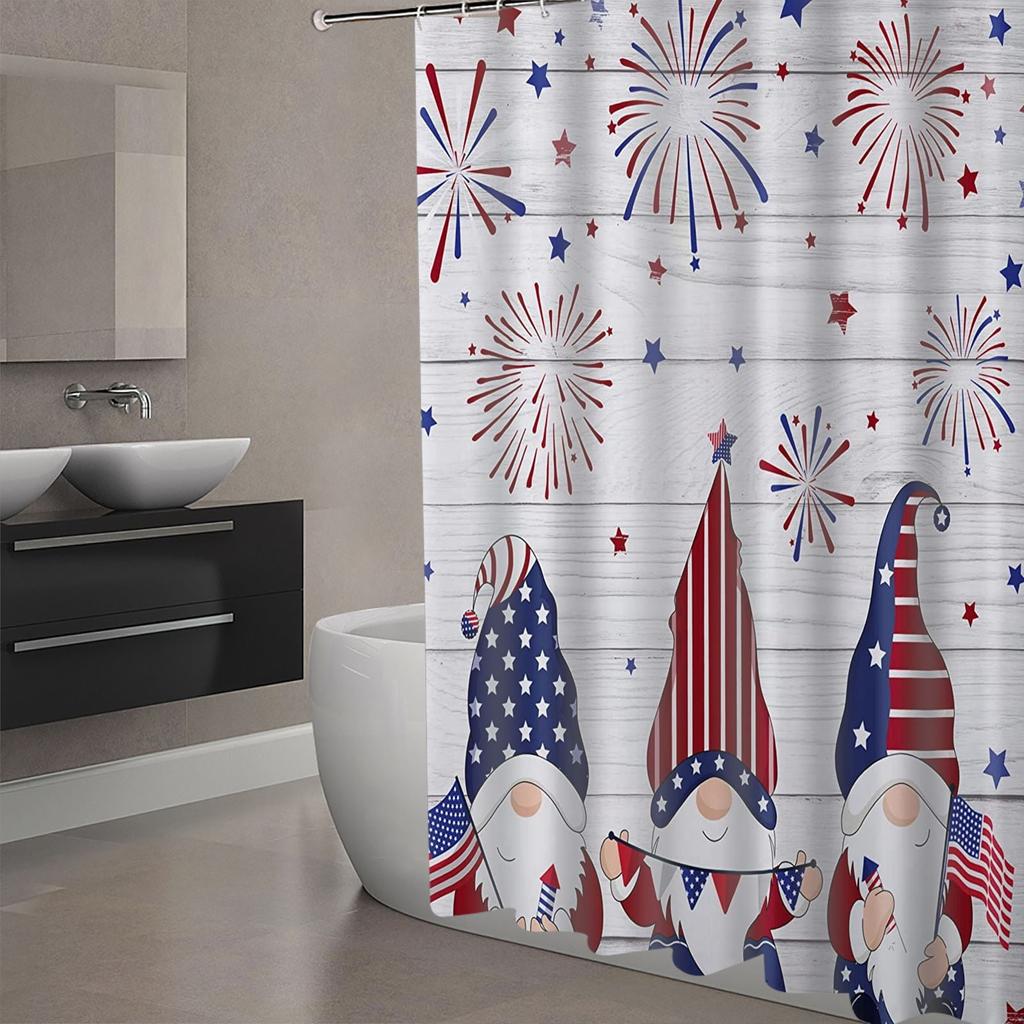 Patriotic Gnomes & Fireworks Waterproof Shower Curtain - Festive Design for a Cheerful and Patriotic Bathroom Decor