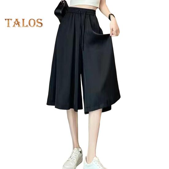 

Женские брюки-юбка с эластичной резинкой на талии и регулируемым шнурком, укороченные брюки из ледяного шелка, однотонные повседневные брюки-кюлоты свободного покроя L чёрный