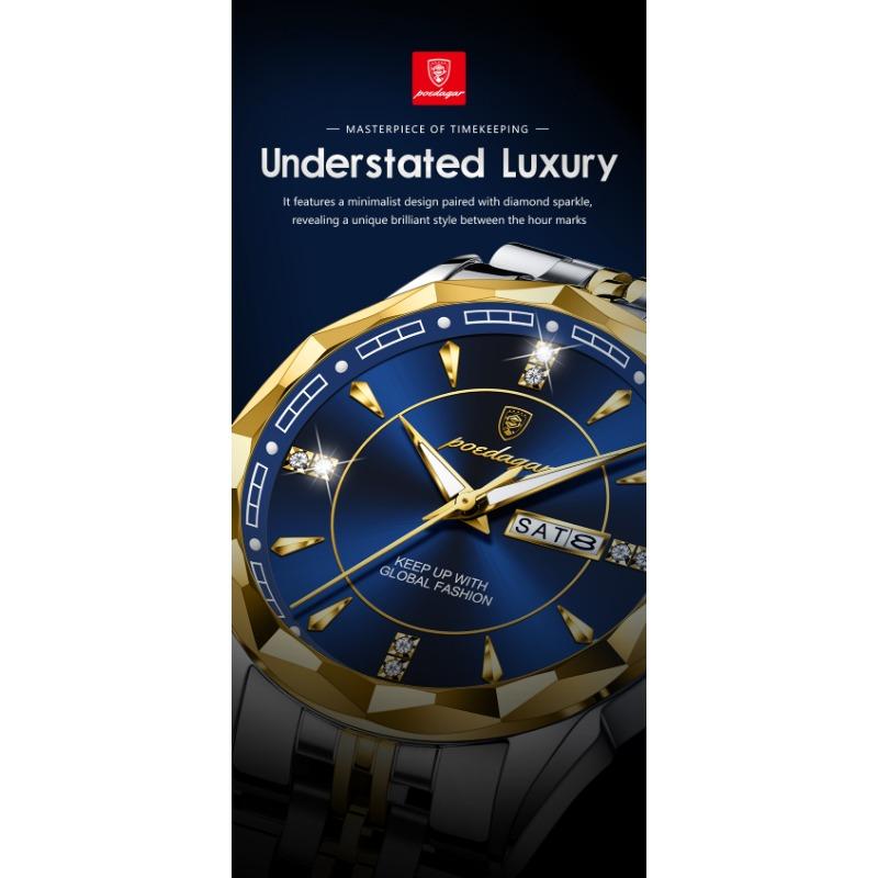POEDAGAR Top Fashion Man Clock Business Waterproof Luminous Date Week Wristwatch Quartz Stainless Steel Casual Watches