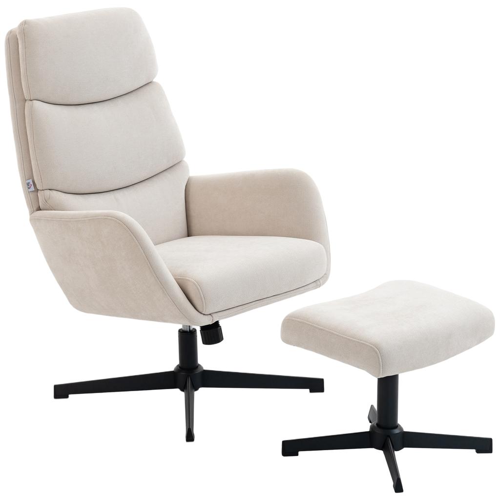 Upholstered Armchair with Footstool, Lounge Chair with High Backrest, Metal Base, for Living Room, Bedroom, Beige