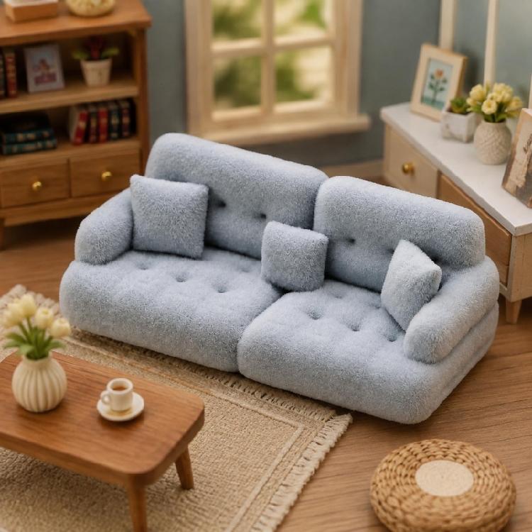 Doll House Decoration Miniature Couch Model with Flocking Texture for Small Scale Living Room Styling, Corner Display and Photo Props Use