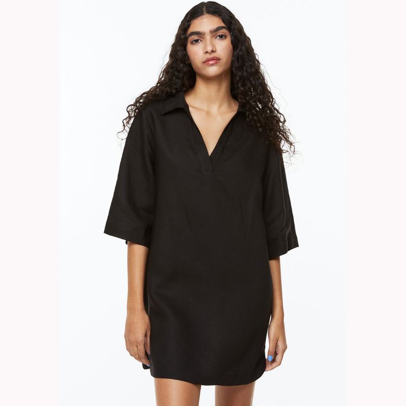 

Excellent Fabric Loose Plaid Viscose Linen Blended V Neck Half Sleeve Dress Black XS