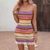 Summer New Style Sexy Beachwear Short Skirt with Plunging Neckline, Ethnic Style Striped Fringed Dress