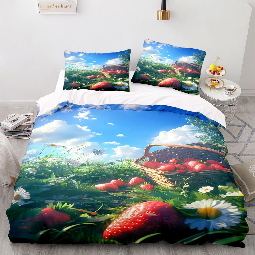 Strawberry Garden Duvet Cover & Pillowcases, Sweet Fruit Print Bedding Set Collection, Fresh & Romantic Bedroom Decor for Girls