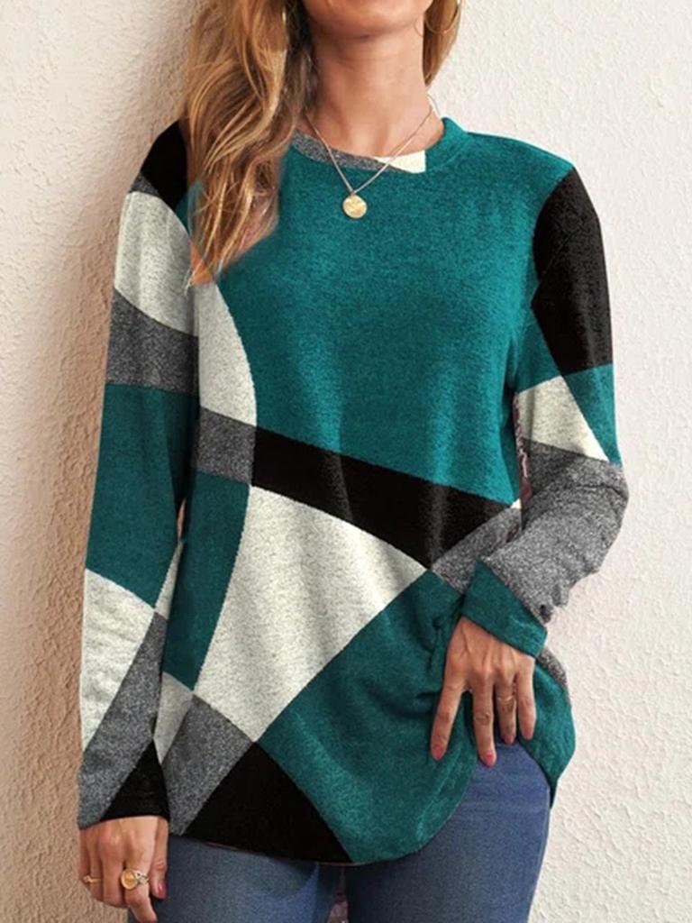 Spring Casual Geometric Color Block Wool Long Sleeve Printed Loose T-Shirt Women Top