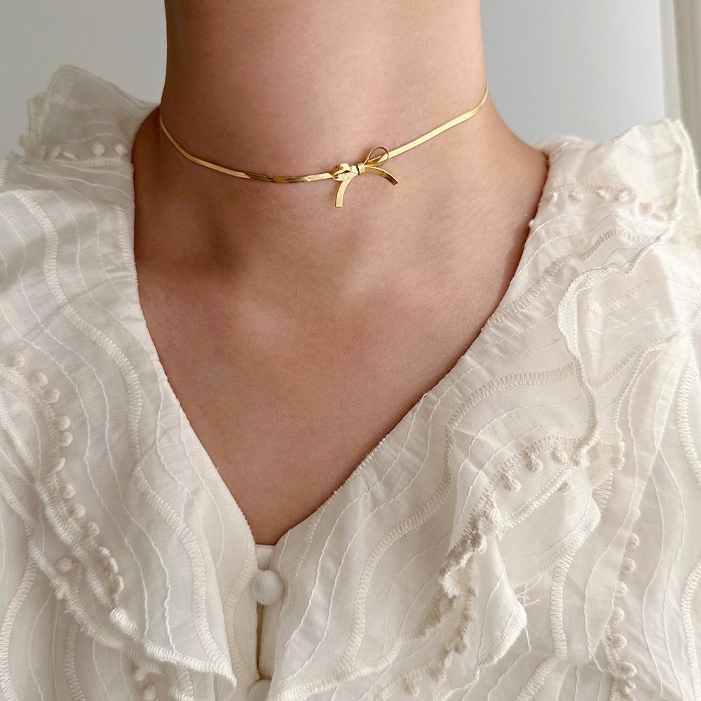 316L Stainless Steel Bow Collarbone Snake Bone Chain Necklace Fashion Personality Girl Exquisite  Gift Party Accessories
