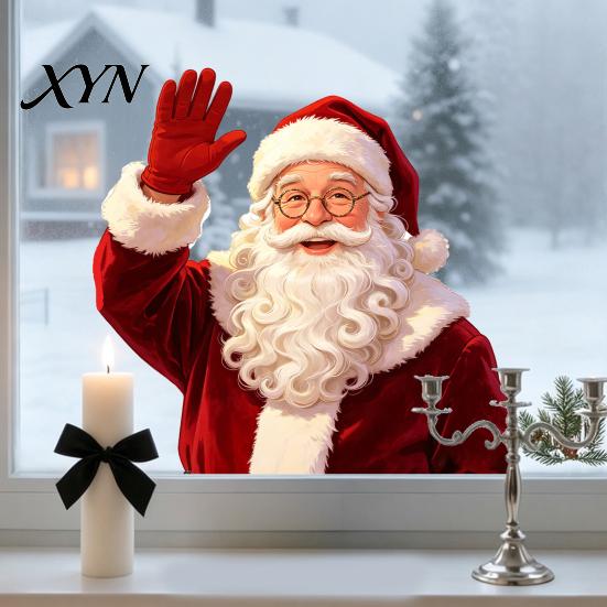Santa Claus Decorations Christmas Static Window Clings, Waving Stickers, No?Glue Removable Seasonal Decals Glass Decal for Balcony Home Shop Holiday