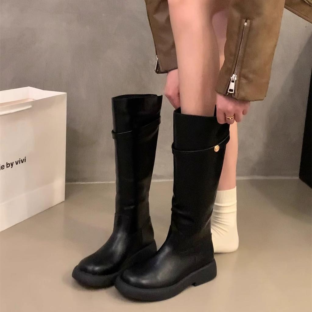 Thick-soled Small Man Black Medium Tube Knight Boots Women's Shoes 2025 New Spring, Autumn and Winter Thin Version Long Tube Long Boots