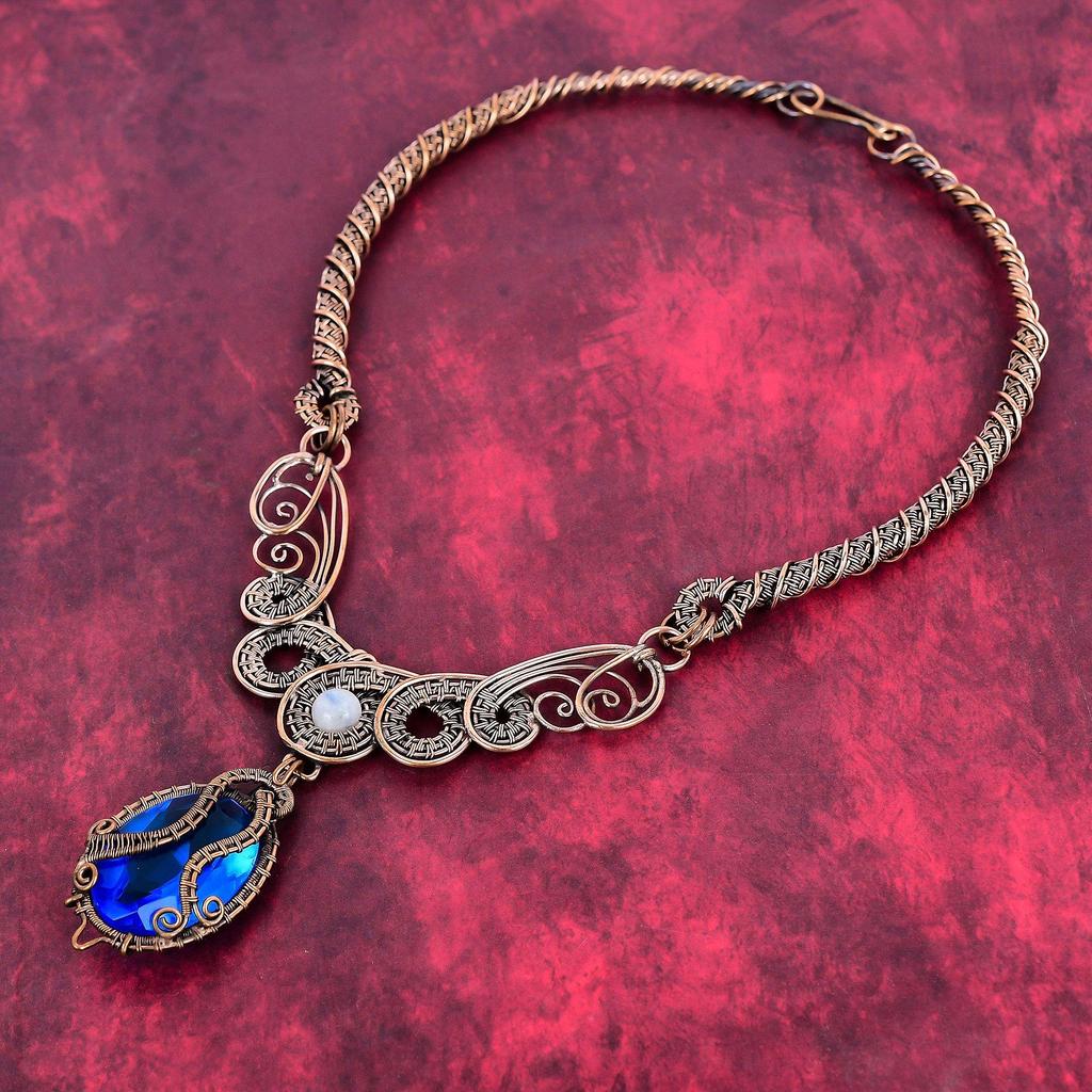 Faceted London Blue Topaz Gemstone Necklace Copper Wire Wrapped Necklace Handmade Jewelry Rainbow Moonstone Necklace Copper Jewelry for Gift