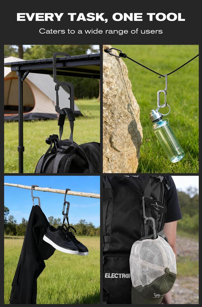 KEEPO LINK 3-w-1 Tytanowy Karabińczyk EDC Brelok Klips z Funkcją Pomiaru i Składanym Haczykiem na Torbę 180° (Użytkowanie na zewnątrz) OLL01 (czarny)