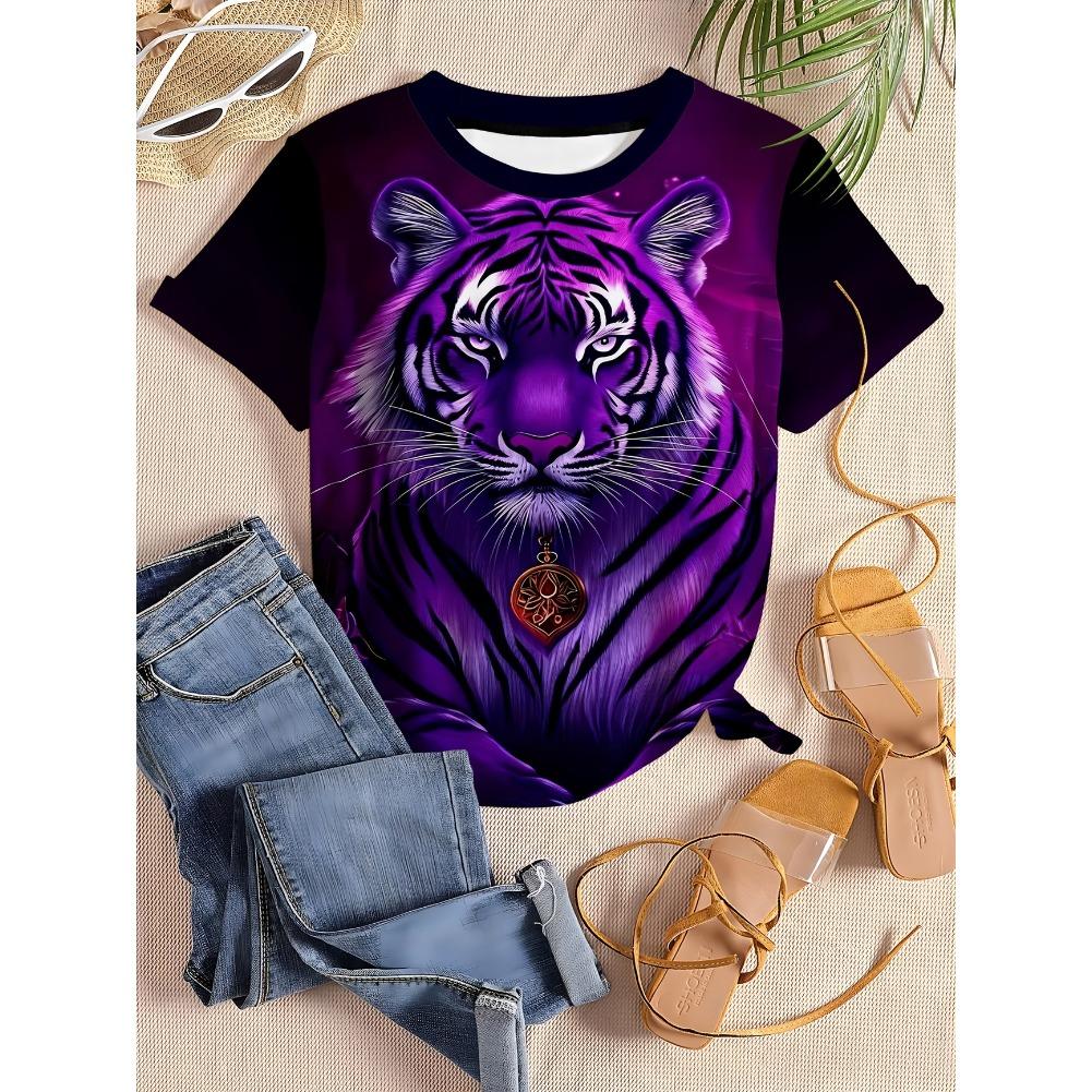 Plus Size Casual Crew Neck Short Sleeve Tiger Horse Animal Print T-Shirt - Soft Stretch Polyester Fabric Spring and Summer Womens Relaxed Fit Clothing