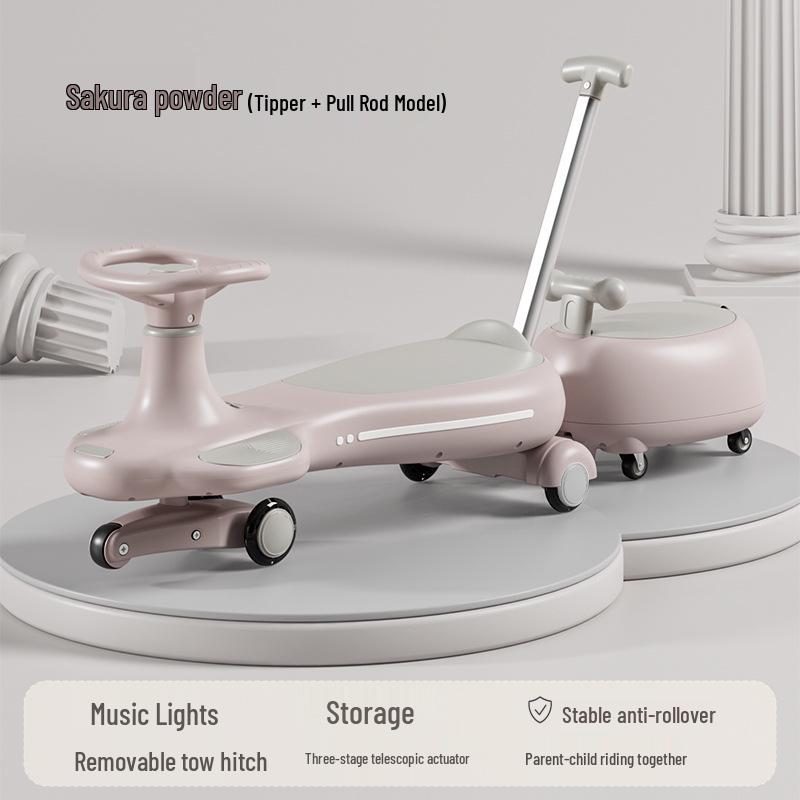 Children's Twist Car with Parent-Child Co-Riding, Suitable for Ages 1-8, Silent Wheels, Push Rod & Handle, Adult-Friendly Wiggle Car.