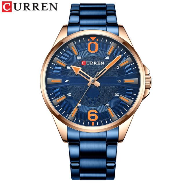 

CURREN новые лучшие мужские часы с черепом, повседневные часы, прозрачные кварцевые часы из нержавеющей стали, мужские деловые часы синий