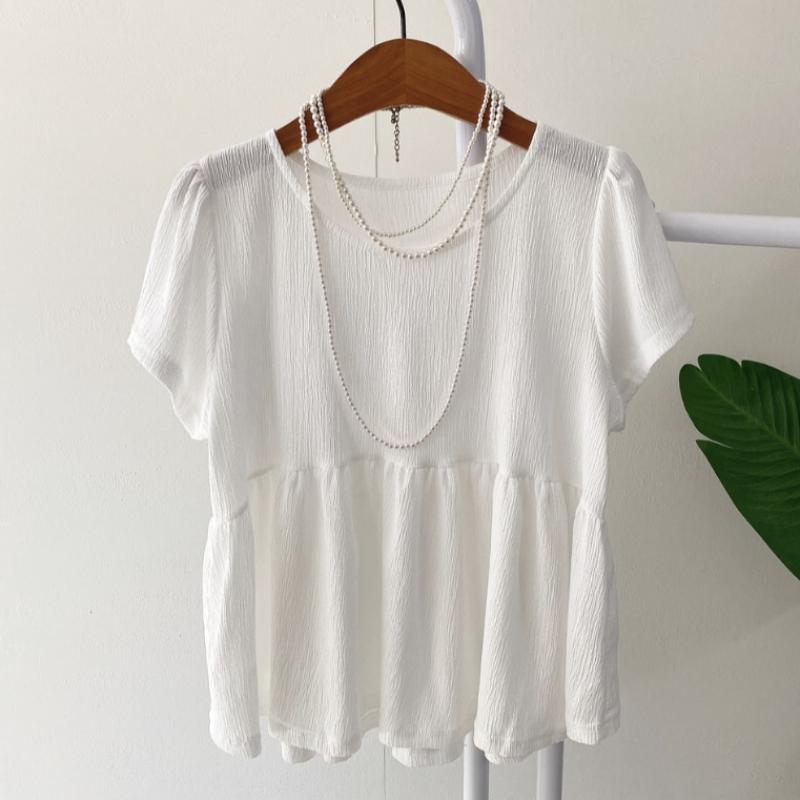 Honey J Women Ruffle Round Neck Short Sleeve Blouse 2color