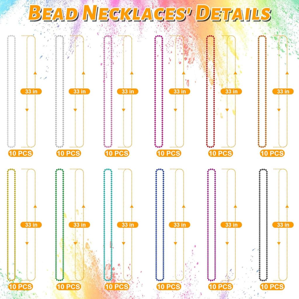 Bead Necklace, 120PCS Mardi Gras Beads, 33" Colorful Mardi Gras Beads Necklaces, Women Men Party Costume Accessories Parade Throws Bulk Party Favors