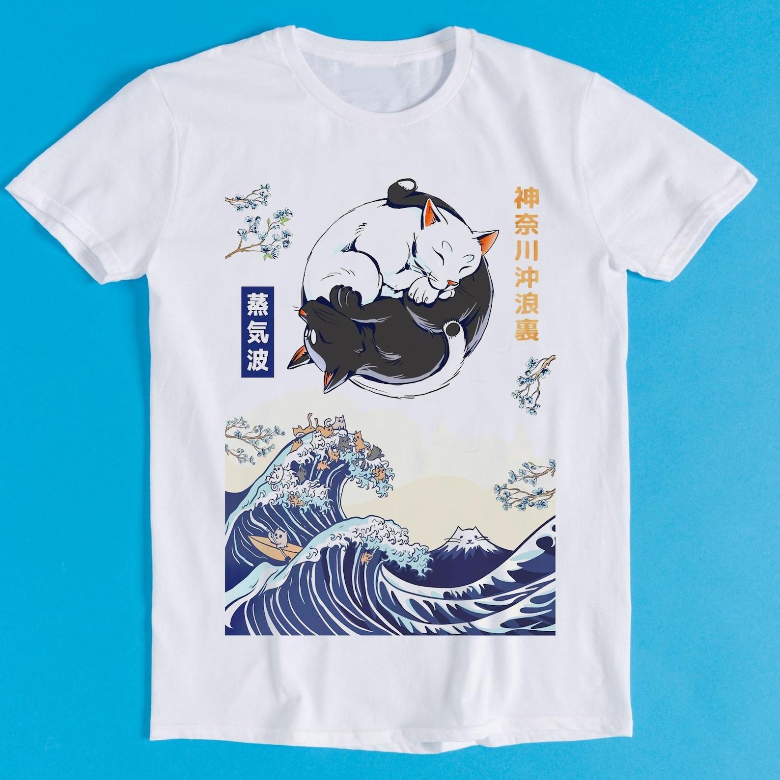 Yin Yang Cat Kitten Maneki Neko Luck The Great Wave Off Kanagawa Japanese Art Drawing Gamer Cult Meme Movie Music Gift Tee T-Shirt K1093 L