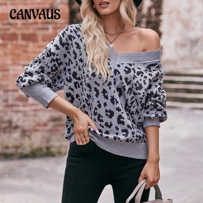Maglione da donna autunno e inverno con scollo a V senza spalline con stampa leopardata maglione allentato alla moda
