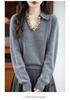 Women's V-Neck Rhinestone Embellished Long Sleeve Polo Collar Sweater