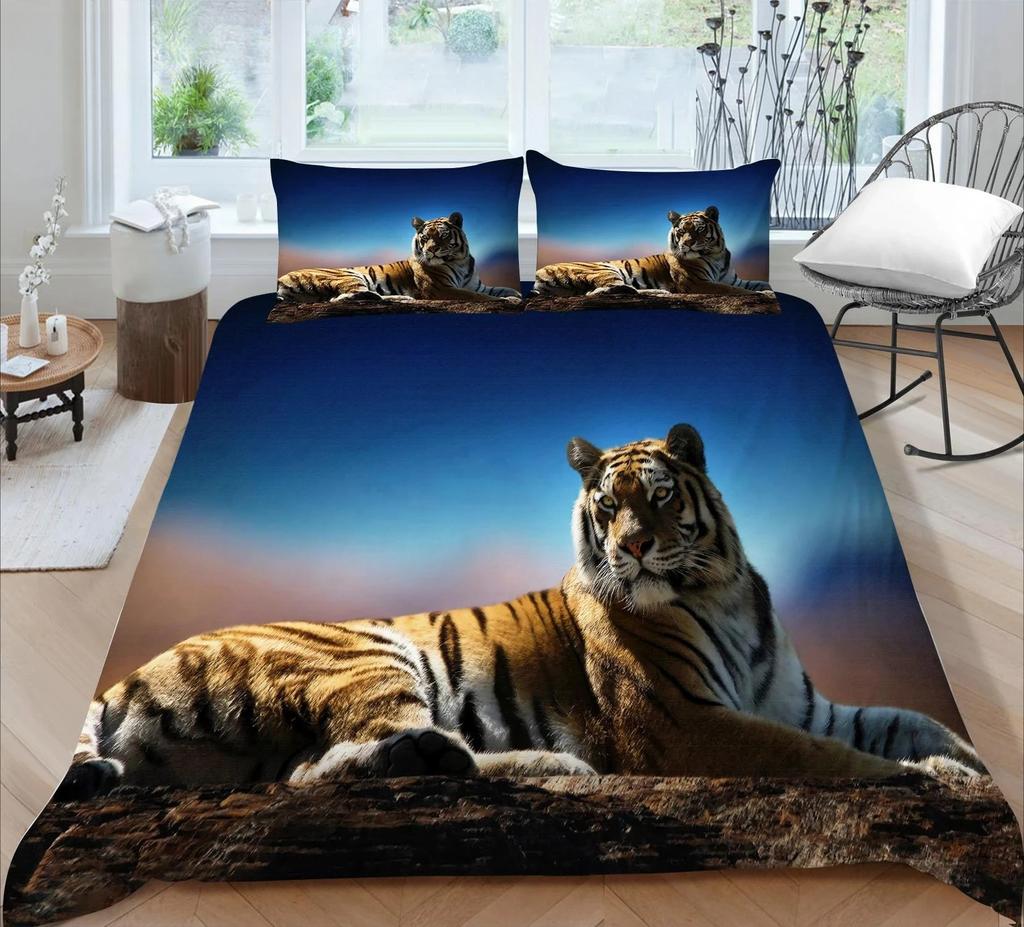 Sada povlečení Tiger Red Rose Flower Přikrývka pro chlapce Africké safari Divoká zvířata Velká kočka Queen King Polyesterový povlak na přikrývku
