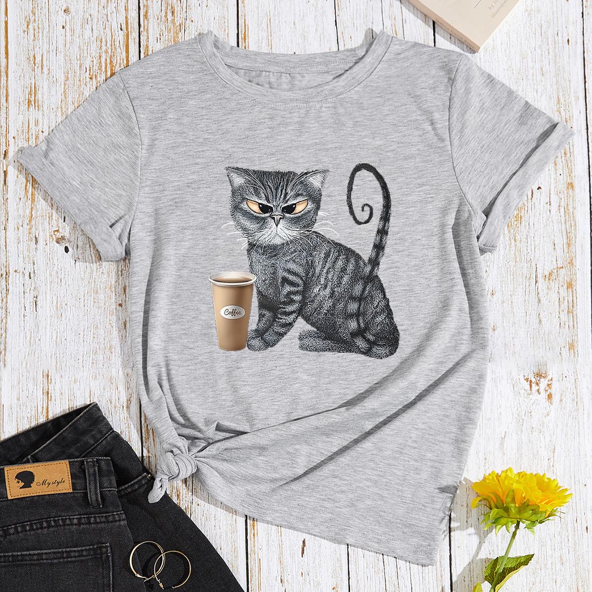 

Летний топ с круглым вырезом и принтом кошки, пьющей кофе, модная повседневная женская футболка с коротким рукавом из чистого хлопка 3XL светло-серый