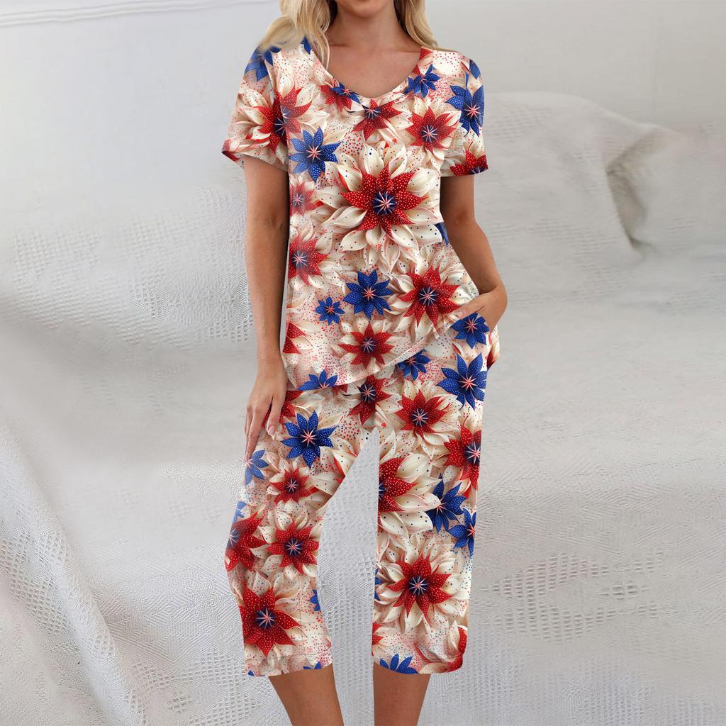 2 Piece Sets For Women Short Sleeve Top And Pants With Pockets Workout Soft  Print Sets