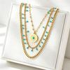 New Vintage Ethnic Style Multi-layered Blue Turquoise Round Pendant Titanium Steel Necklace for Women, High Quality European and American Style