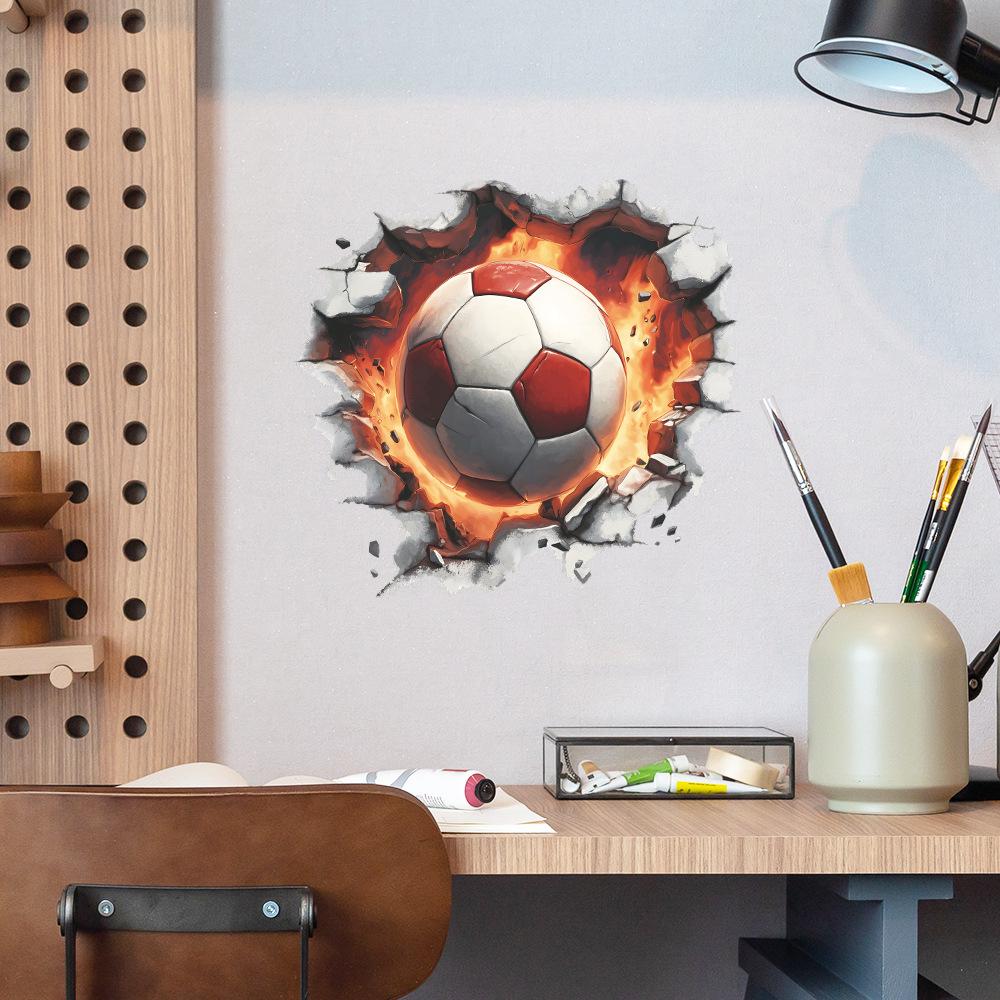 Flaming Soccer Ball Breaking Through Wall Sticker for Game Room Boys Bedroom Creative Removable Decal