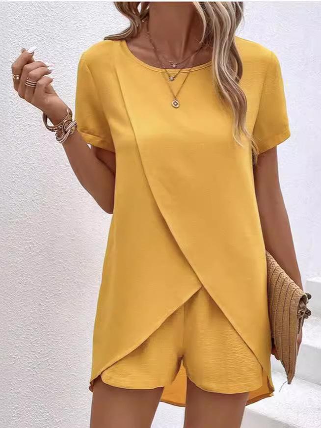 2026 Spring Summer Women's 2 Piece Set Irregular Top & Shorts Solid Color Casual Outfit