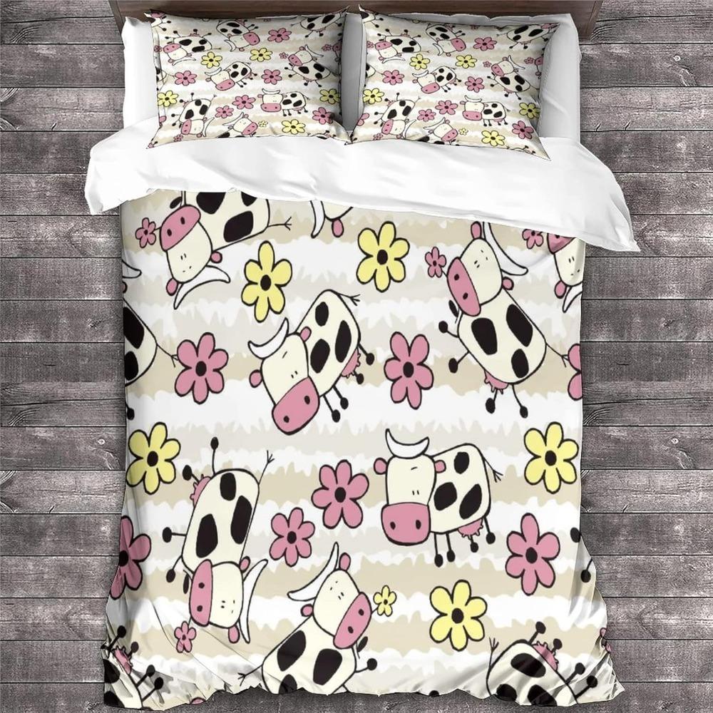 Cartoon Cow Motif,Microfibre Bedding Sets, Children's Bed Linen with Zip Room Decor  Duvet Cover  for Teenagers  Adult 3-Piece