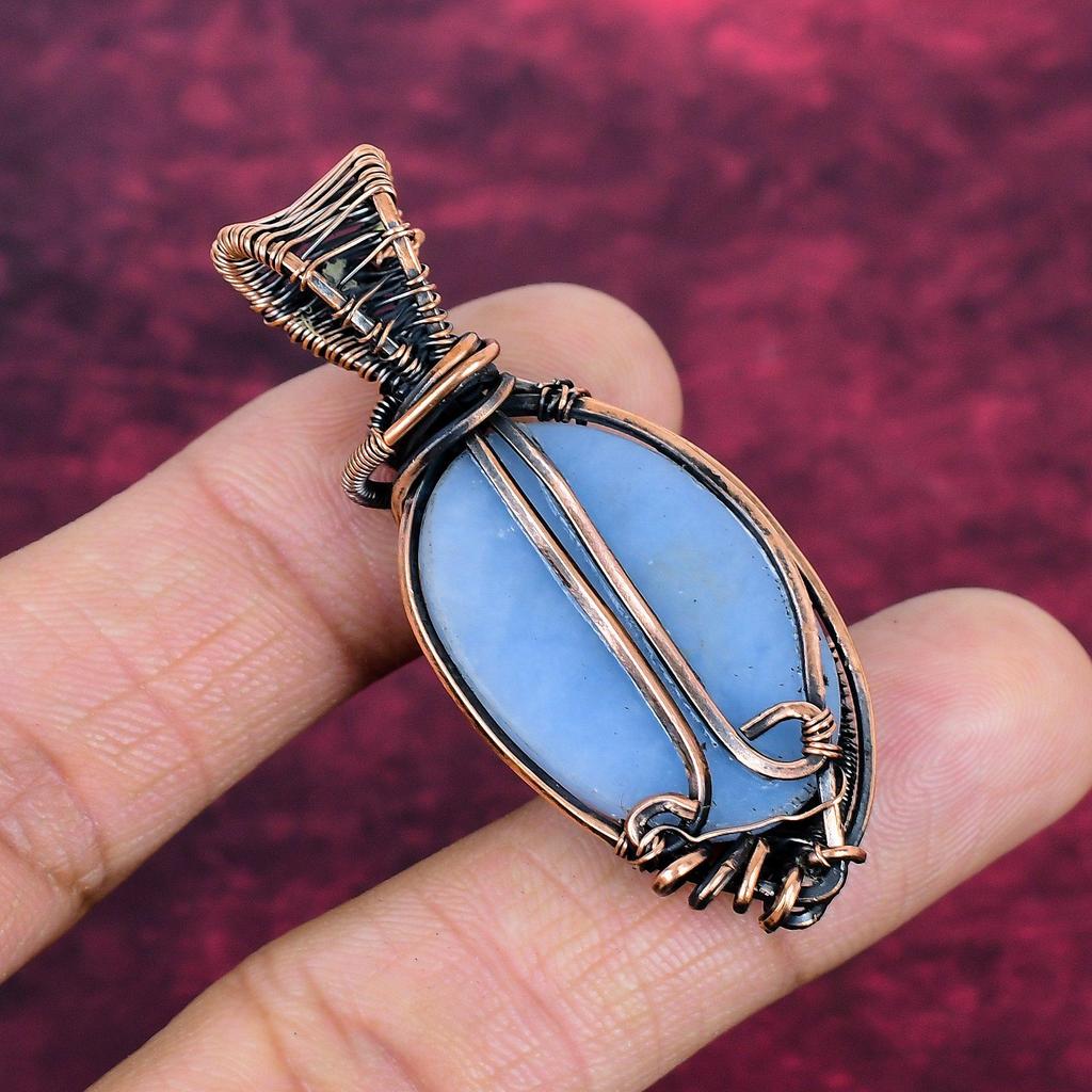 Angelite Gemstone Pendant Copper Wire Wrapped Handmade Pendant Designer Jewelry