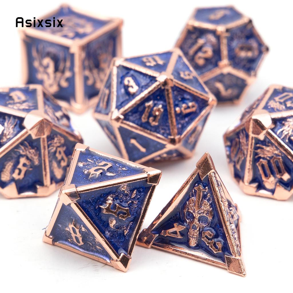 7 Pcs Dark Blue Skull Metal Dice Solid Metal Polyhedral Dice Set Suitable for Role-Playing RPG Board Game Card Game