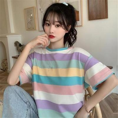 2021 Spring/Summer Korean Rainbow Casual Loose Short-Sleeved T-Shirt for Women - Trendy Student Fashion