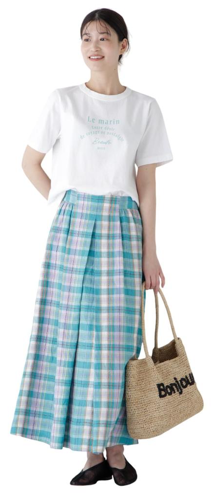 Human Woman Voluminous Tucked Skirt Check Check (Madras Pattern) / Women's / 077-5120402 143_Green