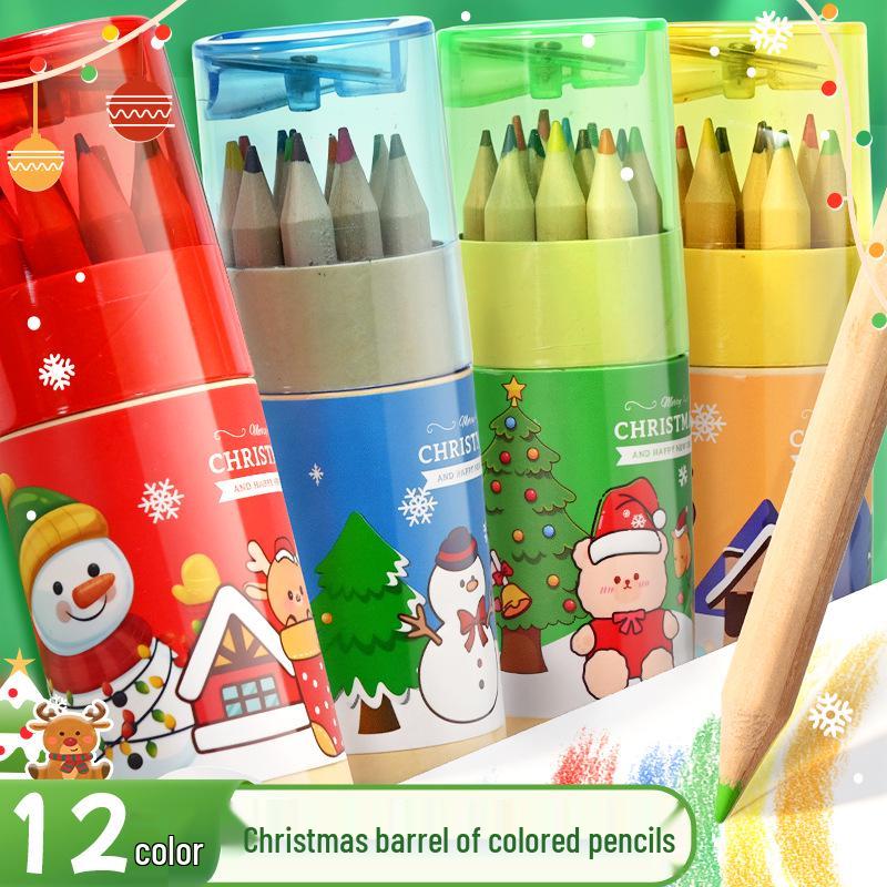 Cartoon Christmas Colored Pencils - 12 Colors in Tube with Sharpener for Kids