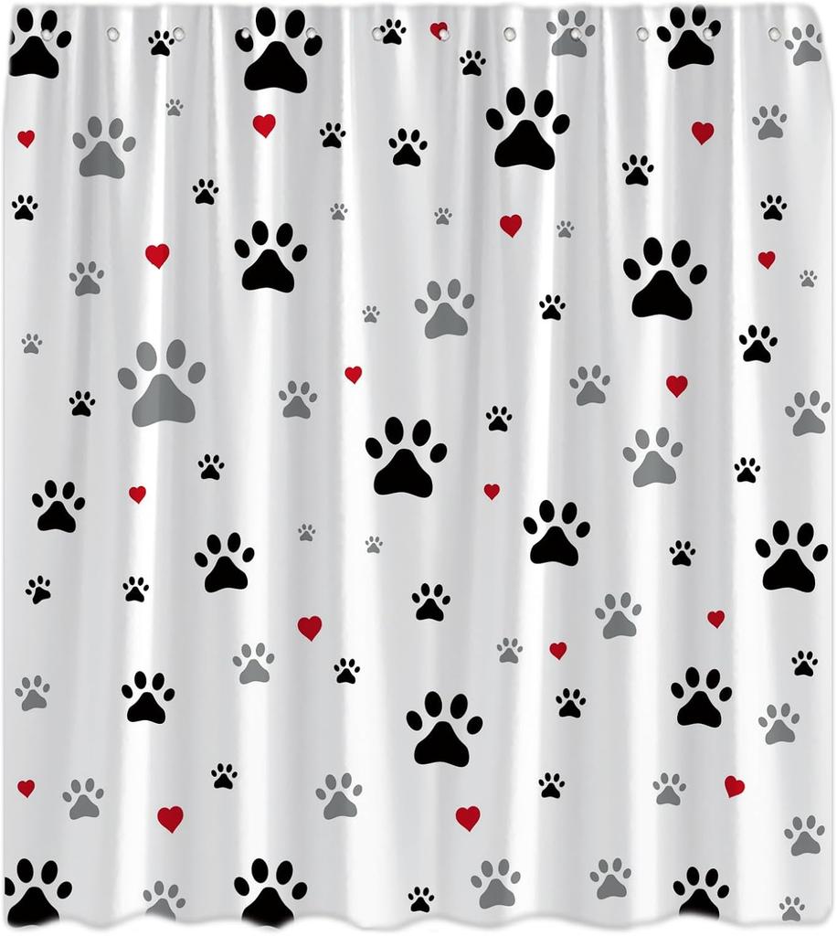 Funny Dog Paw Print Shower Curtain for Bathroom Black Grey Pet Footprints Red Hearts Creative Cute Animal Drawing Modern