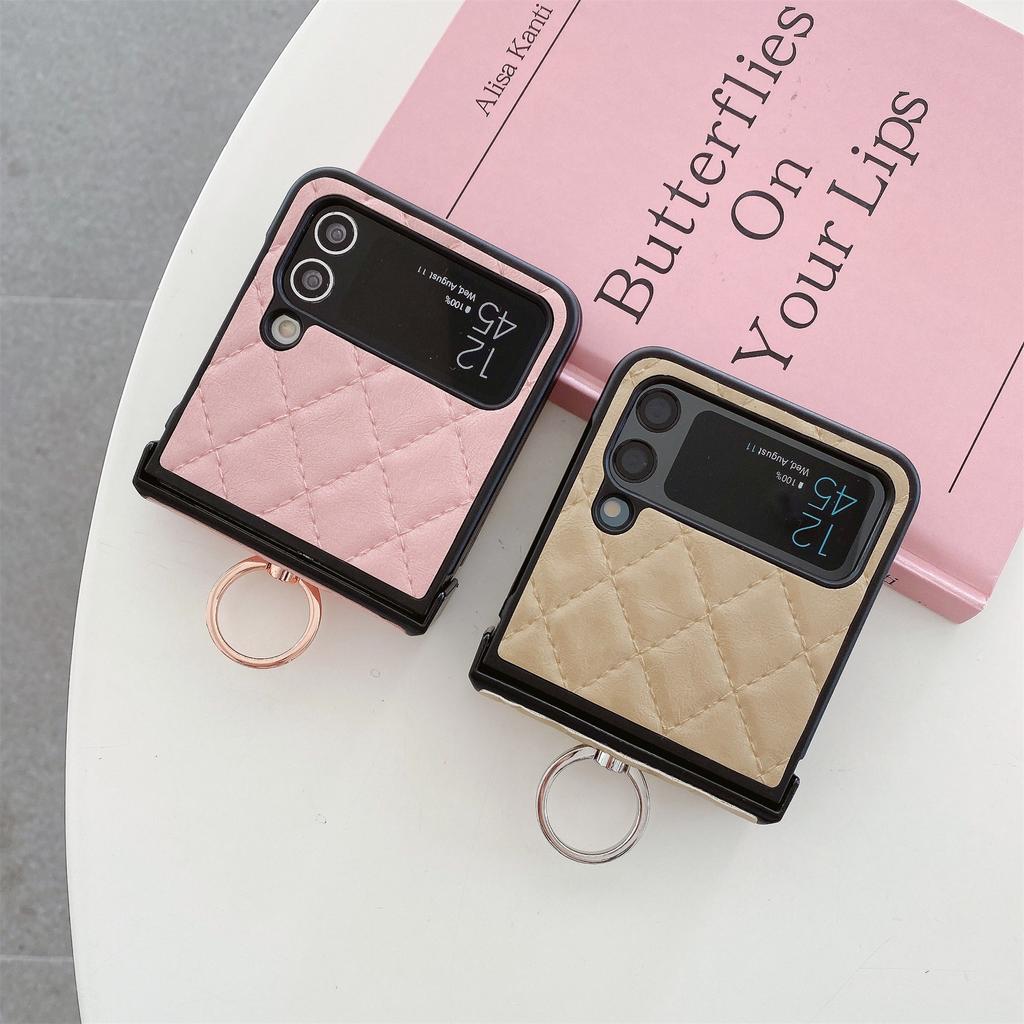 Luksus Rhombus Skinn Glitter Ring Brakett Veske til Samsung Galaxy Z Flip 3 4 5G Z Flip3 Zflip5 Flip4 Zflip5 deksel med holder